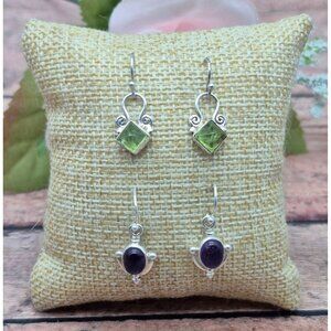 Cute Silver Tone Lot of 2 Dainty Dangle Drop Earrings Minimalist Purple & Green